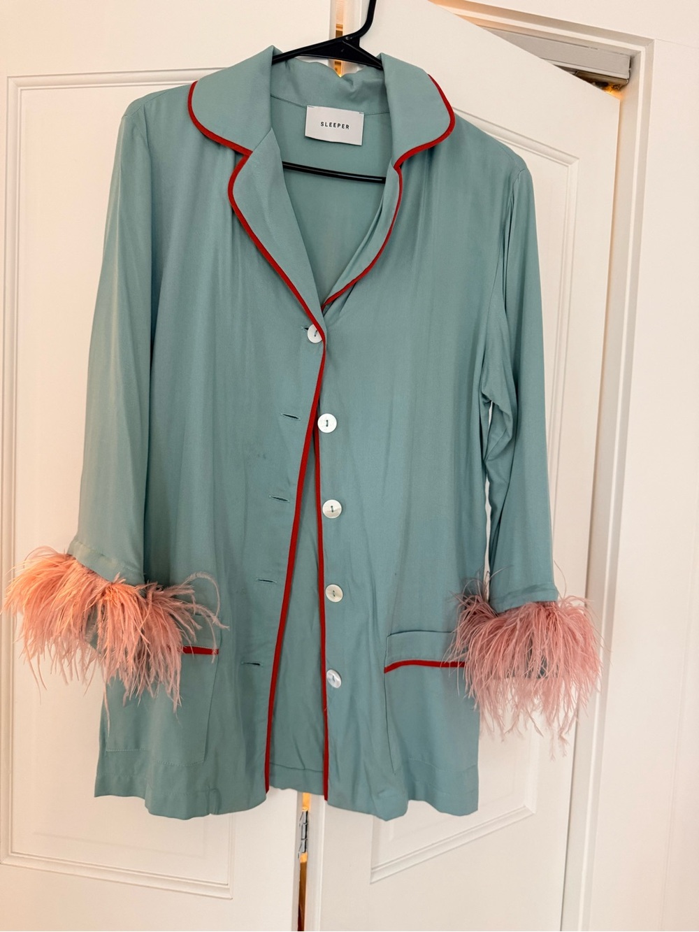 Sleeper Teal Pajama Jacket with Pink Feather Cuffs and Red Piping
